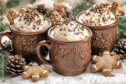 Three brown mugs filled with hot chocolate, topped with whipped cream, chocolate shavings, and gingerbread cookies