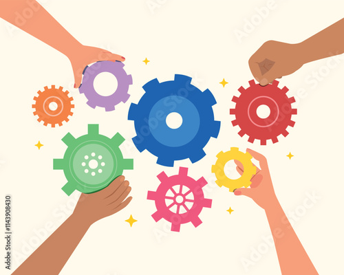 Hands holding metal gears. Concept for technology marketing, industrial and teamwork. 