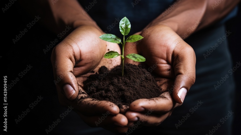 Hand Holding Fresh Soil with a Small Sprouting Plant Symbolizing New Life Growth and the Potential for a Sustainable Future Hand Holding Fresh Soil with a Small Sprouting Plant Symbolizing New Life Growth and the Potential for a Sustainable Future