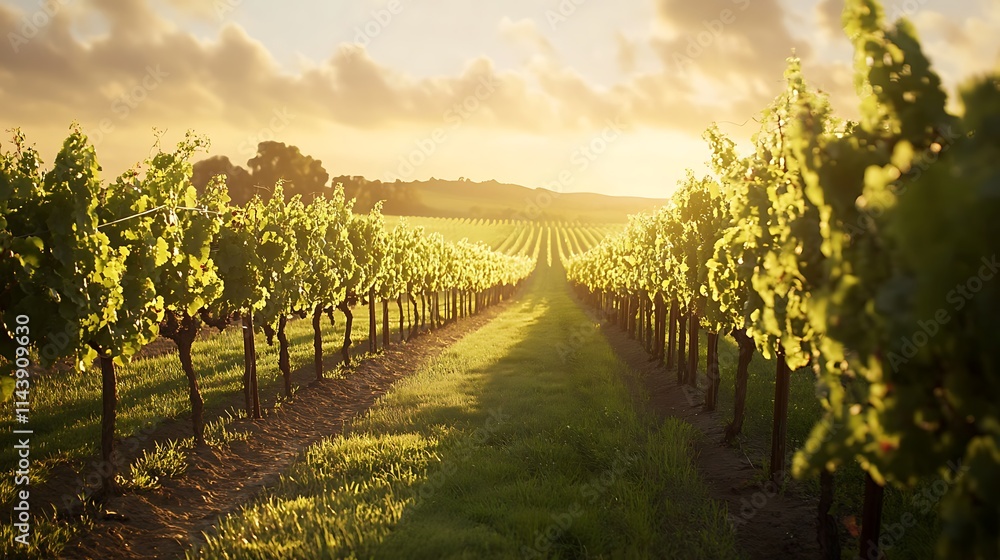 Obraz premium Golden hour sunlight illuminates rows of grapevines in a vineyard.