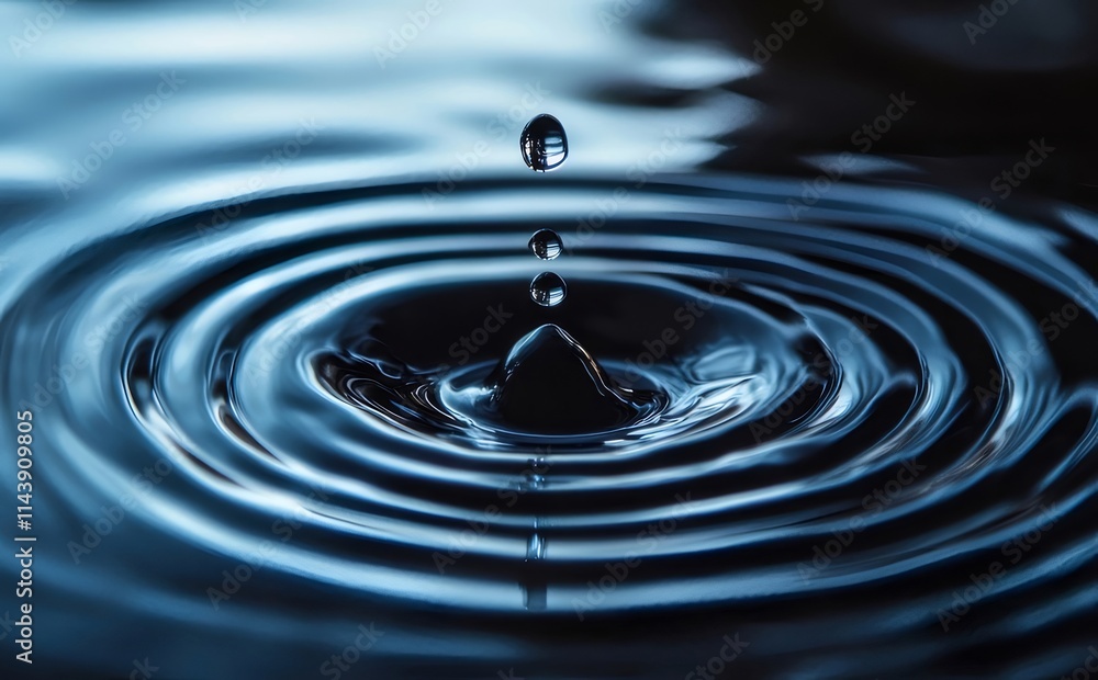Water droplet falling, creating concentric ripples on dark blue surface. Water droplet falling, creating concentric ripples on dark blue surface.