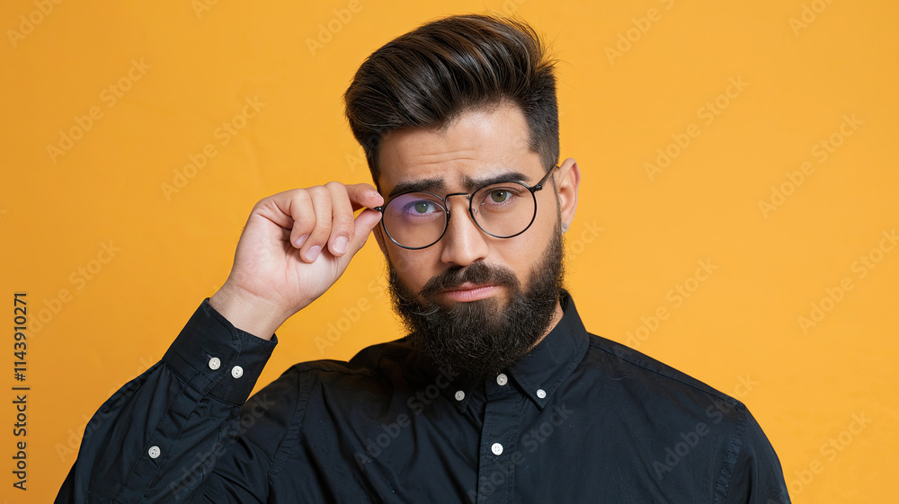 Man with a beard and glasses, wearing a black shirt, adjusting his glasses with one hand, set against a vibrant yellow background, exuding a thoughtful and stylish demeanor.