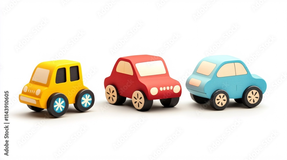 Colorful wooden toy cars in bright yellow, red, and blue, perfect for sparking imagination in children. Colorful wooden toy cars in bright yellow, red, and blue, perfect for sparking imagination in children.
