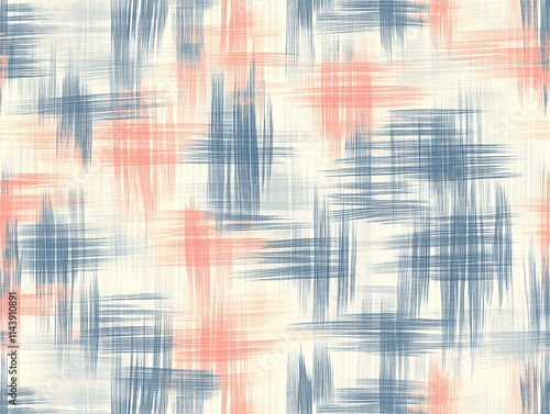 A seamless pattern of finely woven lines in shades of grey, blue, and peach on a light grey background. 