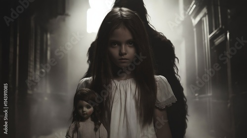 Creepy little girl holding doll with monster behind in dark scary alley