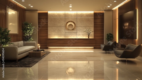 Wallpaper Mural Modern minimalist hotel salon, smooth panel walls, minimalist and stylish furniture design. The soft and blurry background creates a refined atmosphere for luxurious interior design. Torontodigital.ca