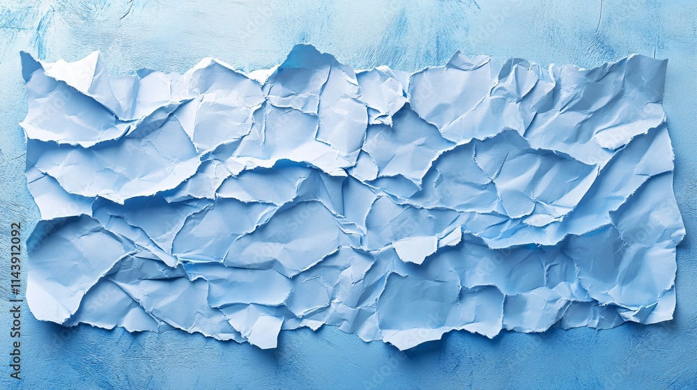 Fototapeta premium Crumpled blue paper resting on a textured surface, showcasing an abstract design with various folds and shadows.