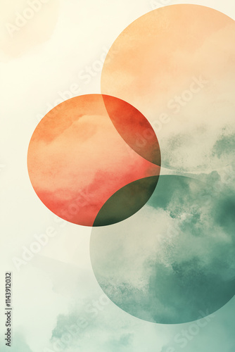 Minimalist abstract illustration, soft gradients, circular shapes, gradient background, light green and orange colors, watercolor painting, soft lighting
