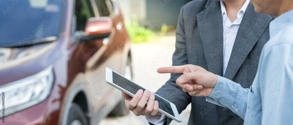 Fototapeta premium lease, rental car, sell, buy. Dealership advice customer for new Car. Sales, loan credit financial, rent vehicle, insurance, renting, Seller, dealer, installment, car care business.