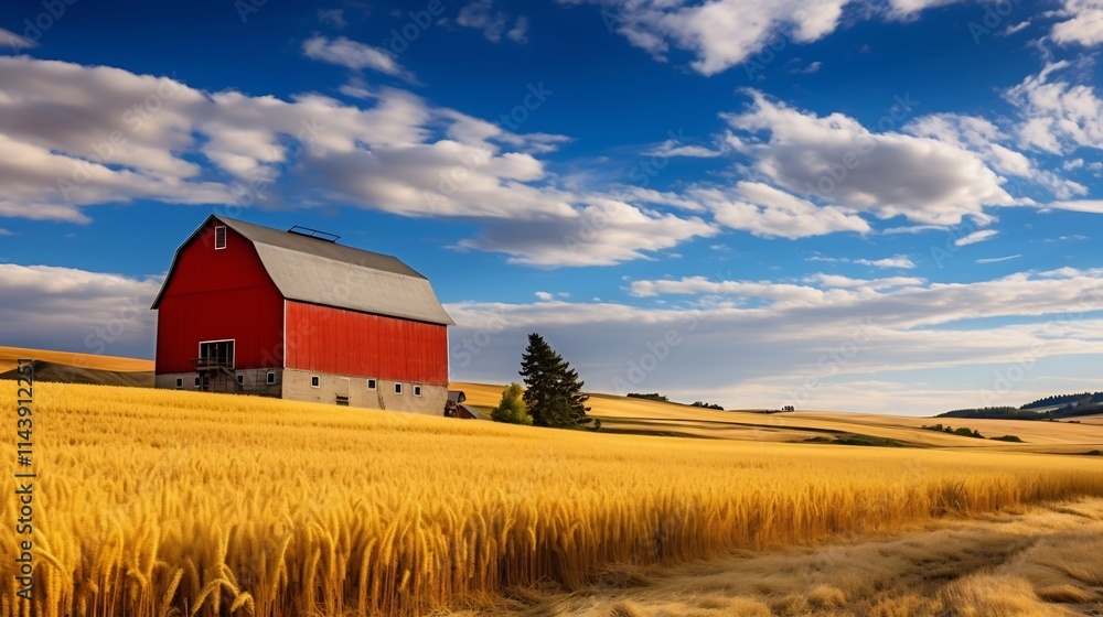 Stunning panoramic view of a picturesque farm with a classic red barn nestled amidst golden wheat fields set against a backdrop of rolling hills and a serene sky with wispy clouds Stunning panoramic view of a picturesque farm with a classic red barn nestled amidst golden wheat fields set against a backdrop of rolling hills and a serene sky with wispy clouds