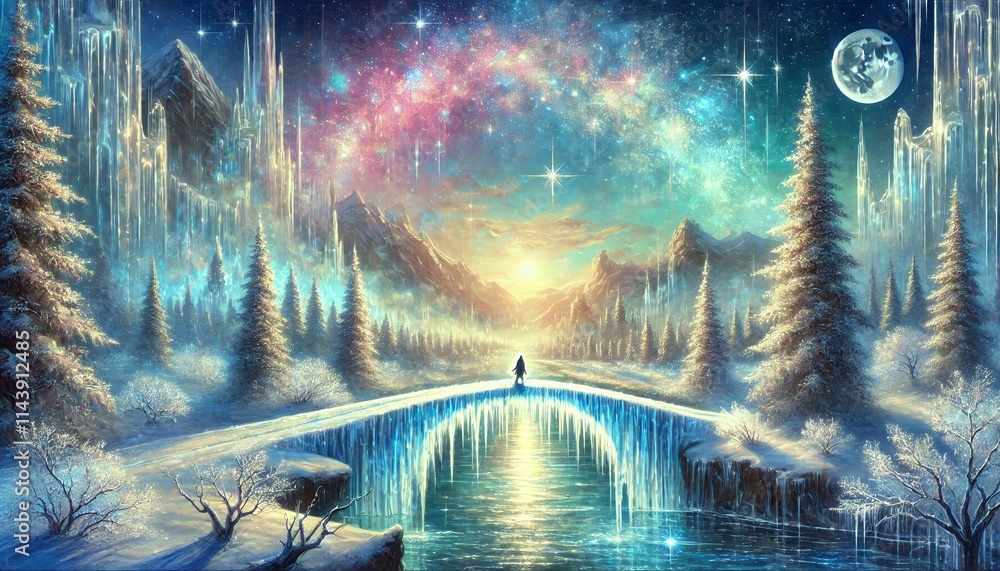A Mesmerizing Fantasy Scene of a Snowy Forest and an Ethereal Bridge to a Magical Realm A Mesmerizing Fantasy Scene of a Snowy Forest and an Ethereal Bridge to a Magical Realm