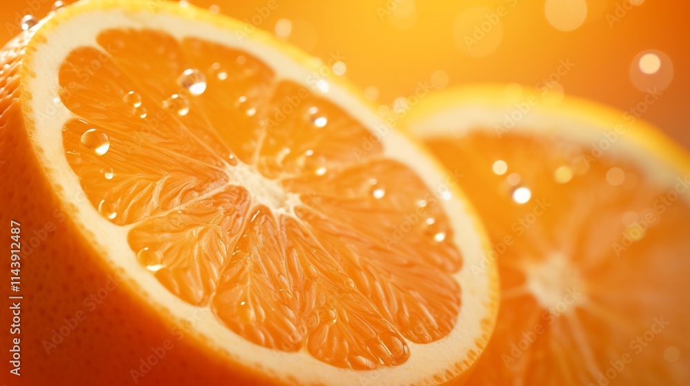 Closeup of juicy orange fruit segments with tiny glistening droplets of juice against a vibrant orange background Closeup of juicy orange fruit segments with tiny glistening droplets of juice against a vibrant orange background