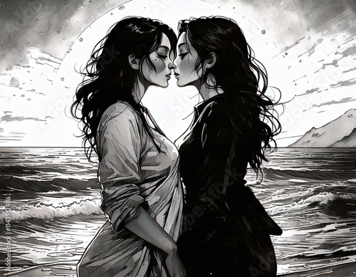 Black and white art depicting a tender moment of a lesbian couple sharing a kiss on the beach.






