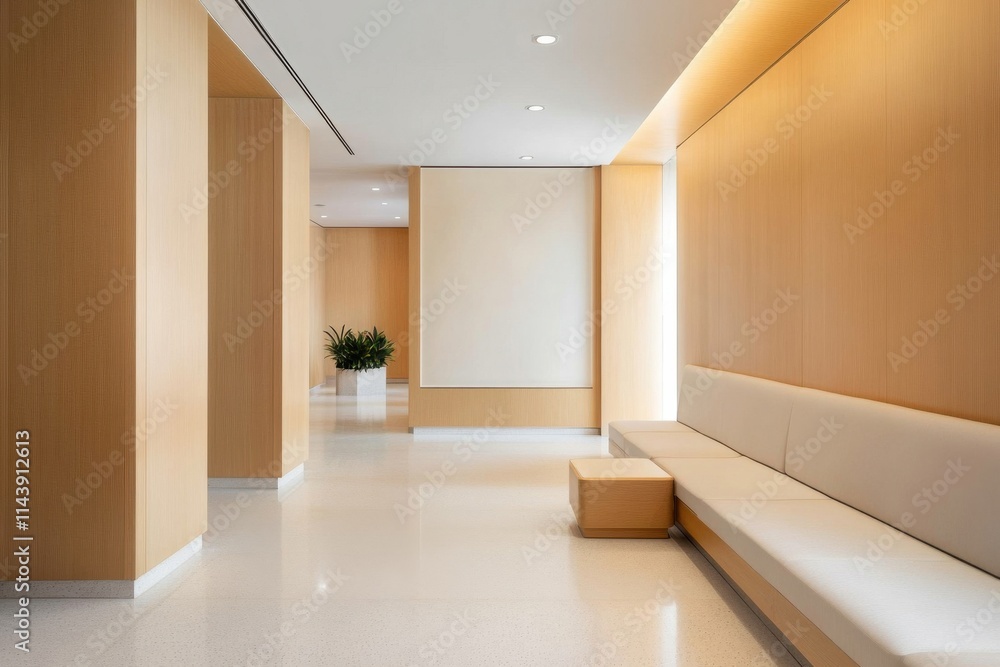 Obraz premium Modern and Minimalist Interior Design of a Lobby Featuring Wooden Panels, Soft Lighting, and Elegant Seating Arrangements in a Contemporary Space