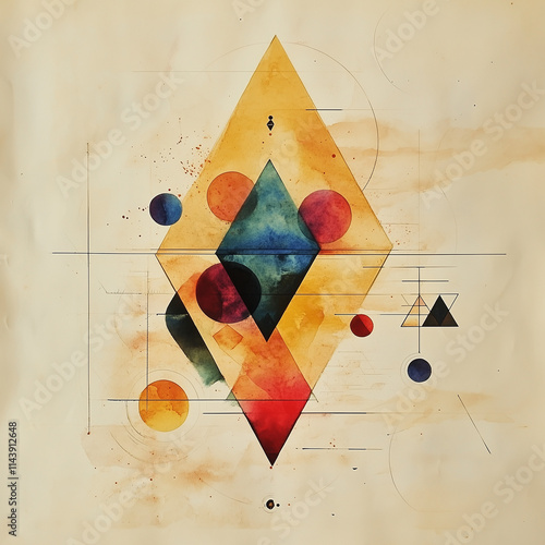 Light colors and shapes, graphic design, watercolor on parchment, triangles and circles in light sketch, numbers and mappings
