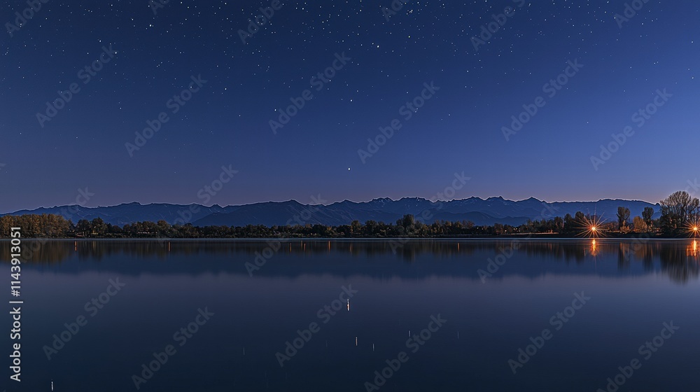 Starry reflection over tranquil lake at night serene landscape photography calm waters peaceful environment Starry reflection over tranquil lake at night serene landscape photography calm waters peaceful environment