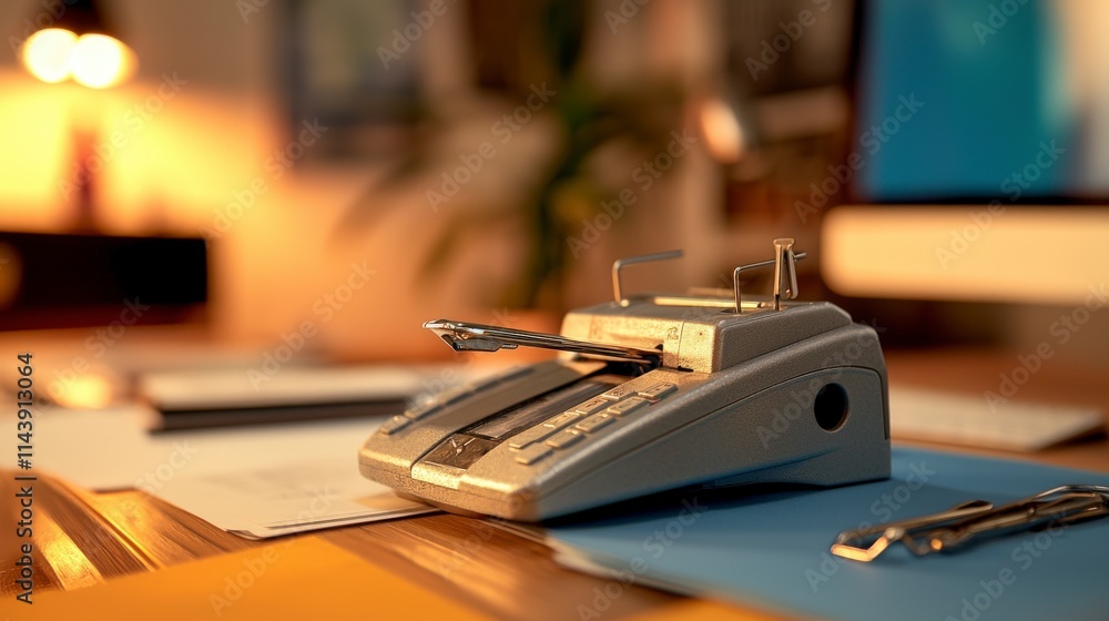 Office organization essentials stapler hole puncher and binder clips on a desk modern workspace close-up view Office organization essentials stapler hole puncher and binder clips on a desk modern workspace close-up view
