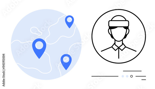 Blue location markers on a simplified globe with contour lines and man wearing headgear in circular frame. Ideal for travel, GPS navigation, maps, global positioning, route planning, geolocation