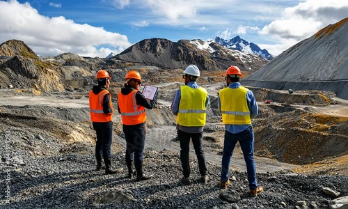 Workers observe a mining site, discussing operations and safety measures.