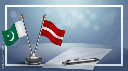 Pakistan and Latvia National flags on small table with bokeh background, cooperative relationship