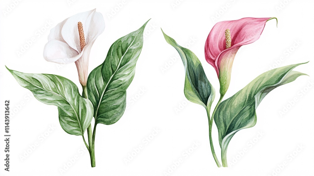 Elegant watercolor illustration of a white and pink calla lily with lush green leaves. Elegant watercolor illustration of a white and pink calla lily with lush green leaves.