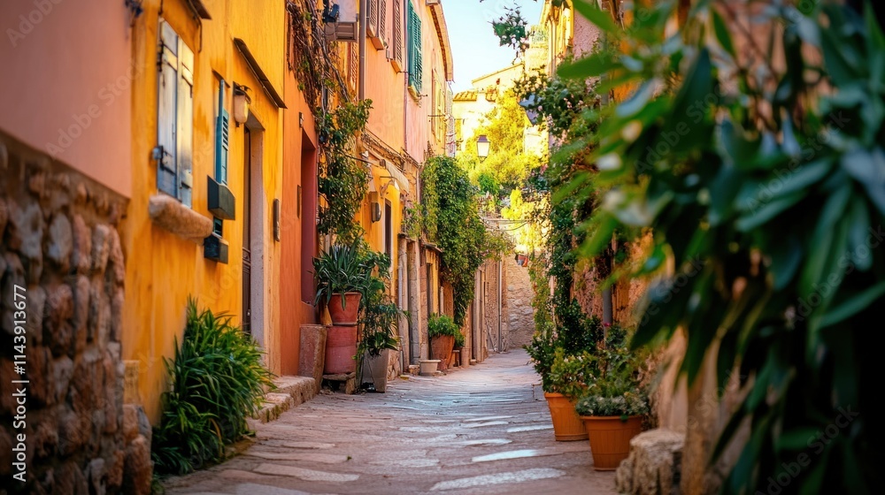 Obraz premium Sunlit cobblestone alleyway in a charming Mediterranean village, with colorful buildings, potted plants, and lush greenery.