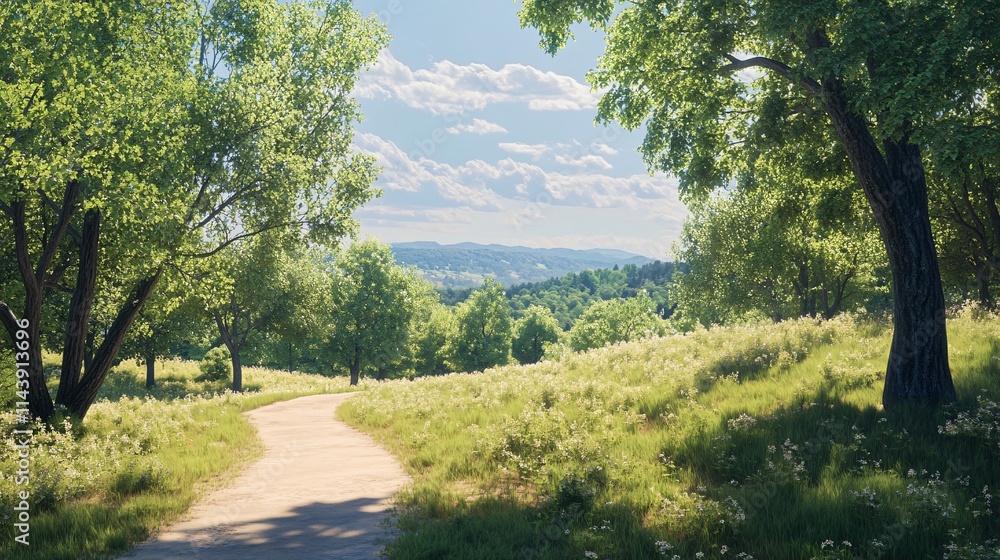A serene landscape featuring a winding path through lush greenery, bright sunlight filtering through the trees.
