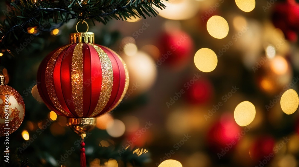 Fototapeta premium Red and gold Christmas bauble hanging on a decorated tree with bokeh lights.