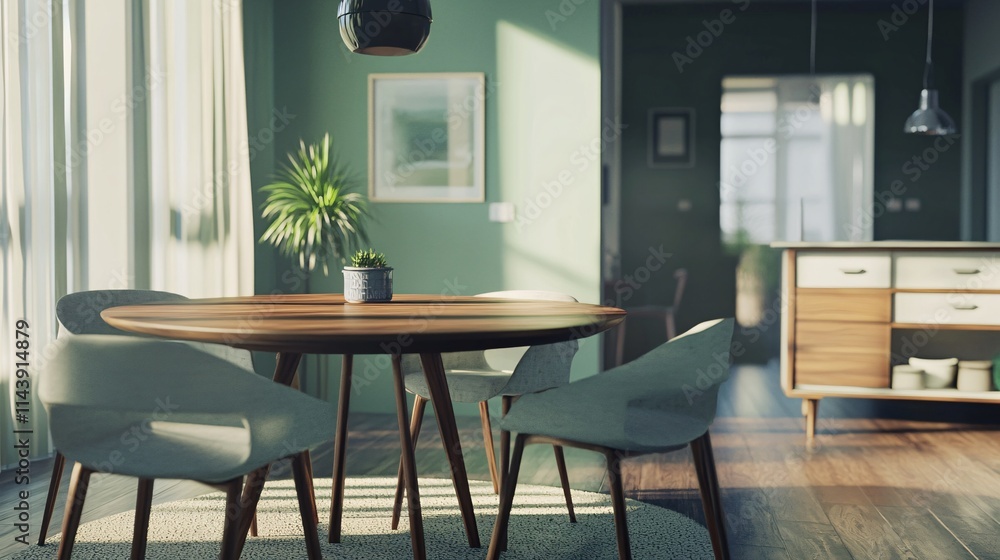 Modern dining area with green walls, a wooden table, and sleek chairs, creating a warm and inviting atmosphere. Modern dining area with green walls, a wooden table, and sleek chairs, creating a warm and inviting atmosphere.