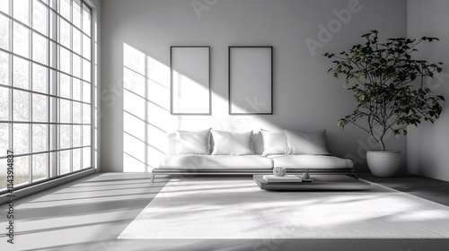 A serene living room featuring a minimalist white sofa and a potted plant, bathed in soft sunlight.