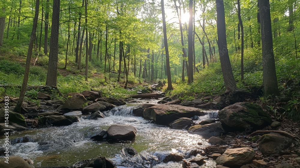 Gentle stream flowing over rocks in lush forest nature scene tranquil environment morning light serenity concept Gentle stream flowing over rocks in lush forest nature scene tranquil environment morning light serenity concept