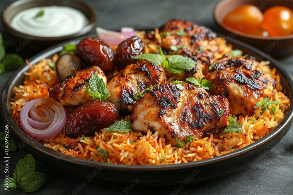 plate of biryani, chicken, and dates with cream on the side. Chicken Kabsa - Homemade Arabian biryani plate of biryani, chicken, and dates with cream on the side. Chicken Kabsa - Homemade Arabian biryani