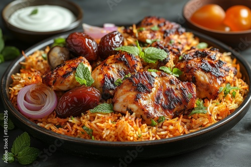 plate of biryani, chicken, and dates with cream on the side. Chicken Kabsa - Homemade Arabian biryani 