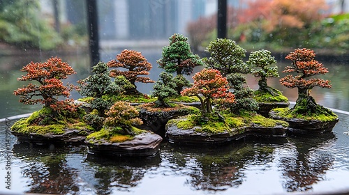 Miniature Bonsai Trees Arranged in a Water Feature photo