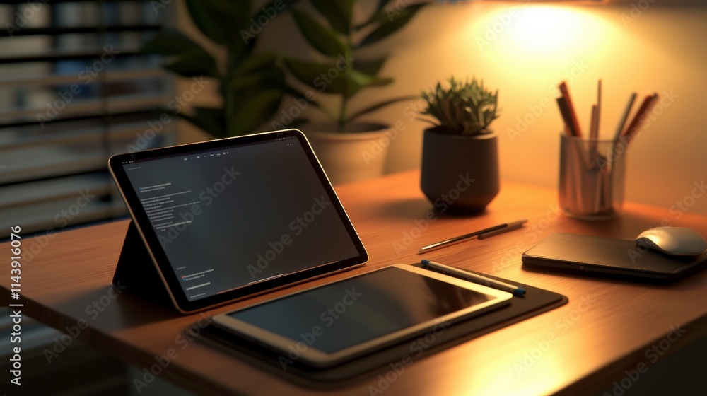 Modern desk setup with tablet and stylus cozy home office digital workspace evening ambiance creative productivity Modern desk setup with tablet and stylus cozy home office digital workspace evening ambiance creative productivity