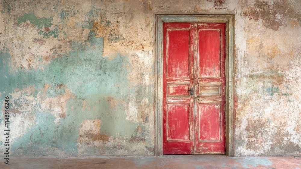 Distressed painted door against concrete floor interior design vintage charm aged environment artistic perspective Distressed painted door against concrete floor interior design vintage charm aged environment artistic perspective