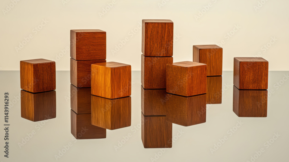 Geometric arrangement of wooden blocks on reflective surface indoor setting still life artistic perspective Geometric arrangement of wooden blocks on reflective surface indoor setting still life artistic perspective