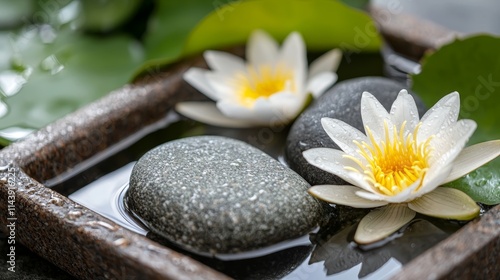 Serene Water Lily Scene with Smooth Stones Surrounded by Green Leaves in a Tranquil Setting for Meditation and Relaxation Purposes
