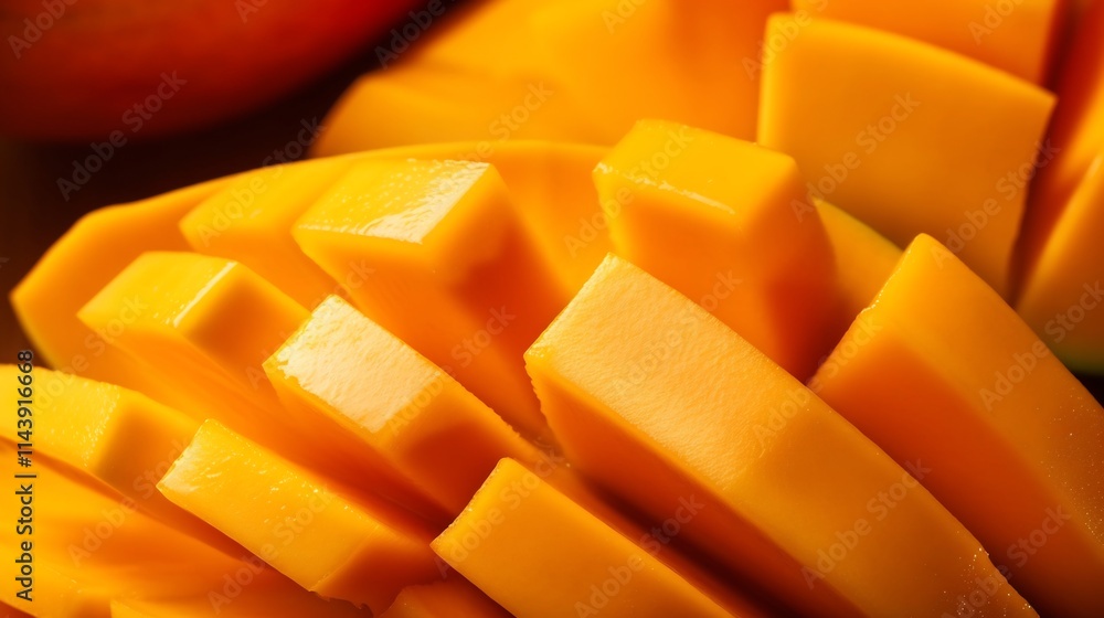 Closeup shot of fresh ripe mango slices with smooth vibrant texture against a tropical orange colored background Juicy sweet mango fruit perfect for healthy meals smoothies or desserts Closeup shot of fresh ripe mango slices with smooth vibrant texture against a tropical orange colored background Juicy sweet mango fruit perfect for healthy meals smoothies or desserts