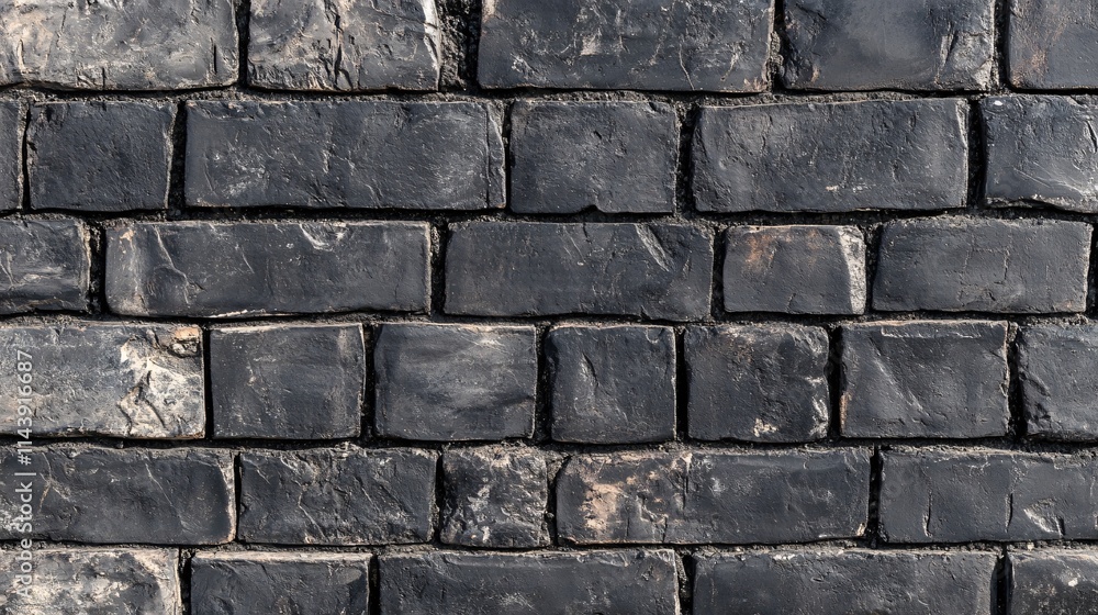 Fototapeta premium Close-up of a textured black stone wall with uneven bricks, creating an industrial and rustic ambiance.