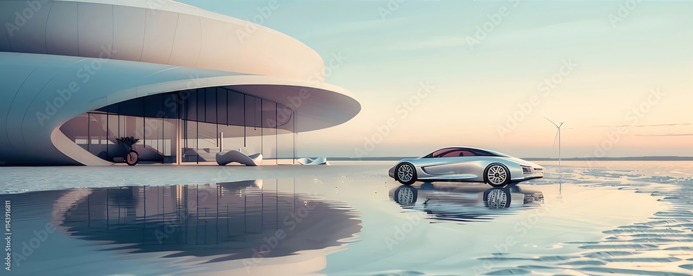 Futuristic car parked near modern architecture reflecting in water. Futuristic car parked near modern architecture reflecting in water.