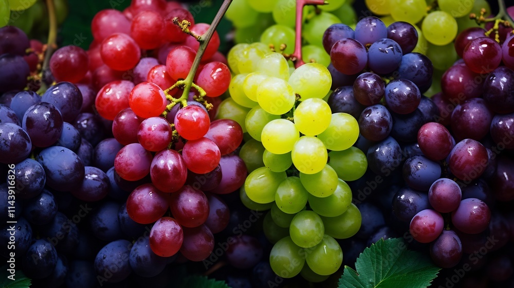A beautiful collection of lush ripe grapes in a variety of colors including deep purple crimson red and verdant green artfully arranged against a rich textured purple background A beautiful collection of lush ripe grapes in a variety of colors including deep purple crimson red and verdant green artfully arranged against a rich textured purple background