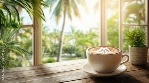 Wallpaper Mural A cup of coffee with latte art depicting palm trees, placed on the wooden table in front of large windows overlooking tropical gardens. Torontodigital.ca