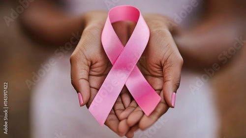  breast cancer day. close-up of hands holding a pink ribbon against a neutral background, symbolizing unity and awareness. 