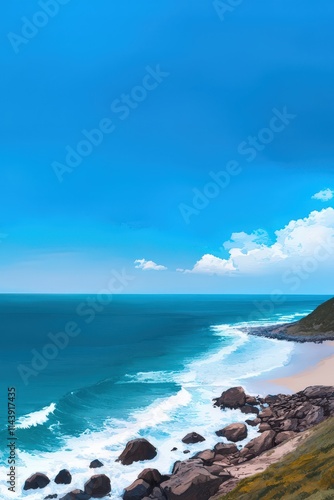 A rocky ocean cliff with waves crashing below under a bright blue sky