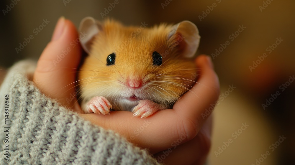 Close-up of a small, adorable golden hamster gently held in human hands. Close-up of a small, adorable golden hamster gently held in human hands.