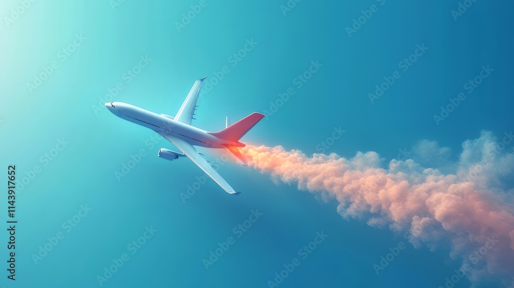 Airplane taking off, leaving a trail of smoke in the clear blue sky. Airplane taking off, leaving a trail of smoke in the clear blue sky.
