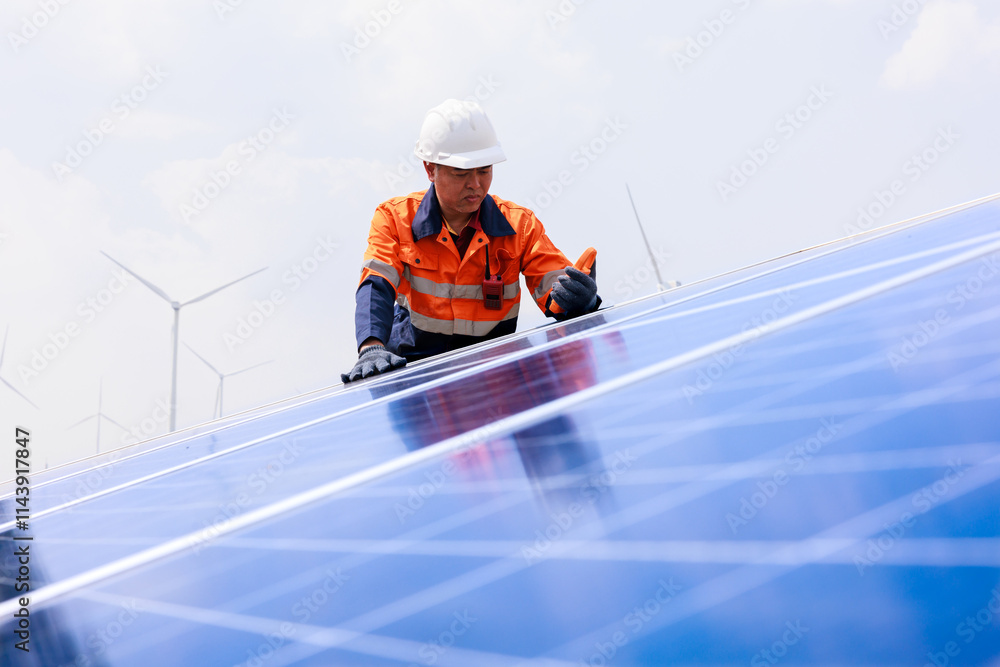 Engineer checking the activity of solar panels Engineer checking the activity of solar panels