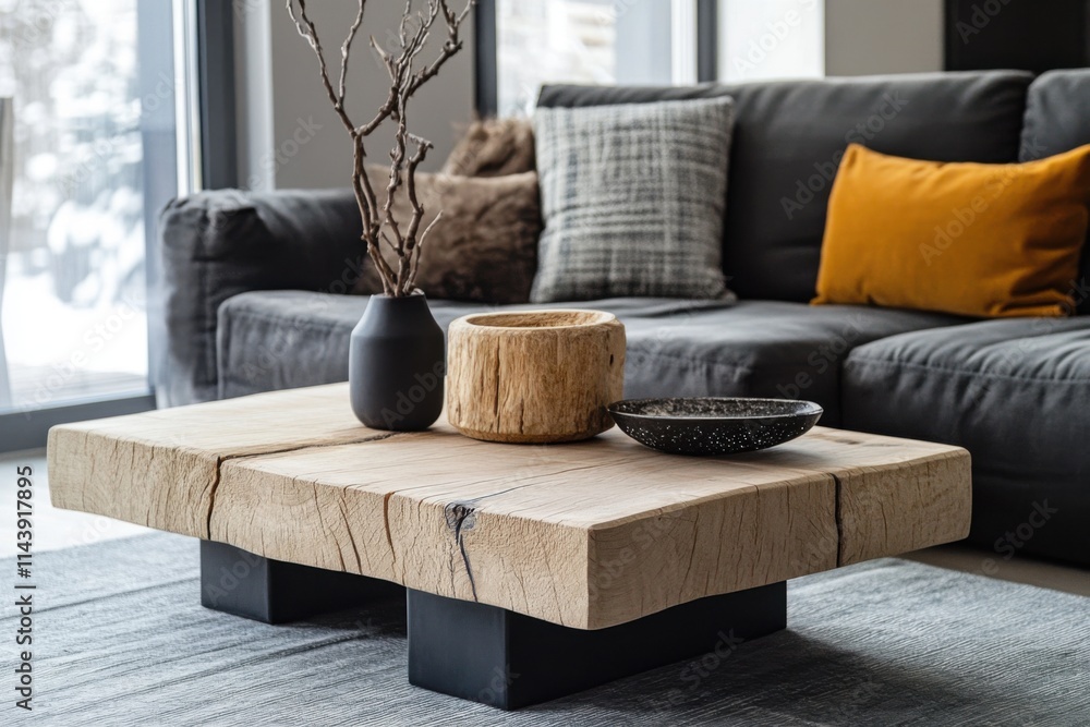 Obraz premium Modern living room with rustic wooden coffee table and cozy sofa in stylish interior design