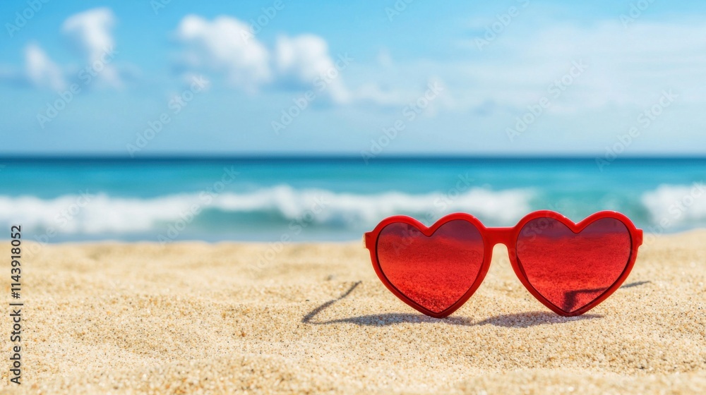 Red heart-shaped sunglasses on sandy beach by the sea. Red heart-shaped sunglasses on sandy beach by the sea.